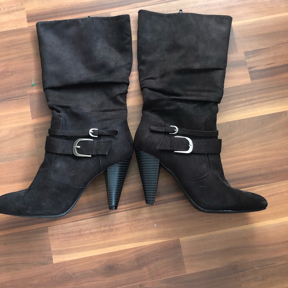 Black, suede, calf-height boots